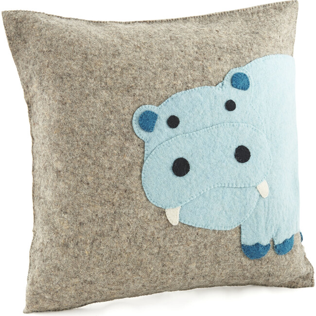 Handmade Pillow in Hand Felted Wool, Blue Hippo