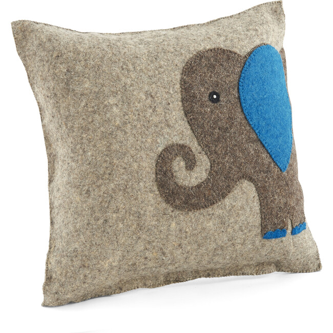 Handmade Pillow in Hand Felted Wool, Blue Elephant