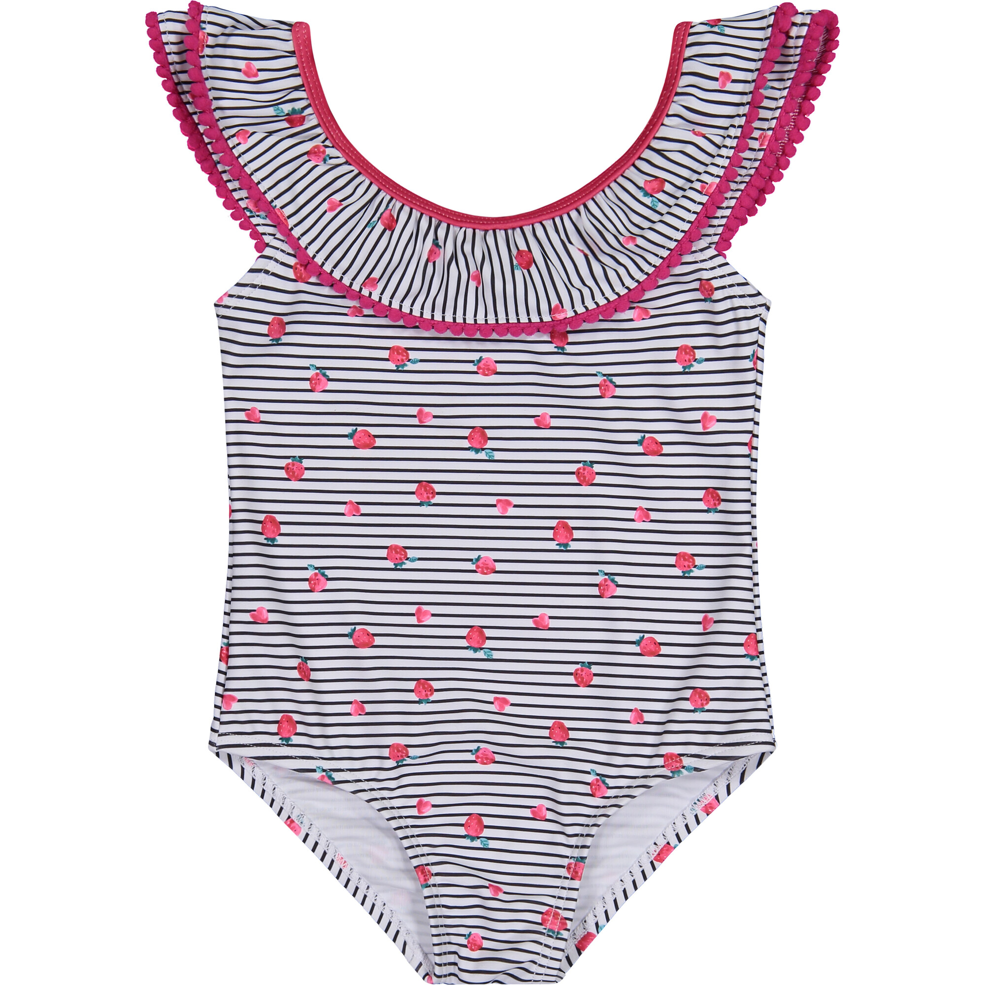 UPF 50 Girls Strawberry Stripe Bow Back Swimsuit, White - One Pieces - 1