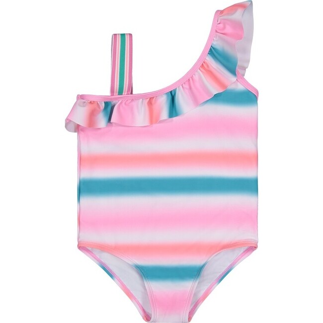 UPF 50 Girls Ombre Stripe One-Shoulder Swimsuit, Aqua
