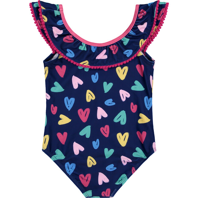 UPF 50 Girls Heart Bow Back Swimsuit, Navy - One Pieces - 1