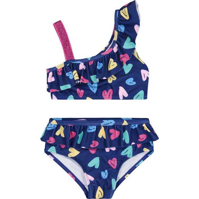 UPF 50 Girls Heart Two-Piece Ruffle Swimsuit, Navy