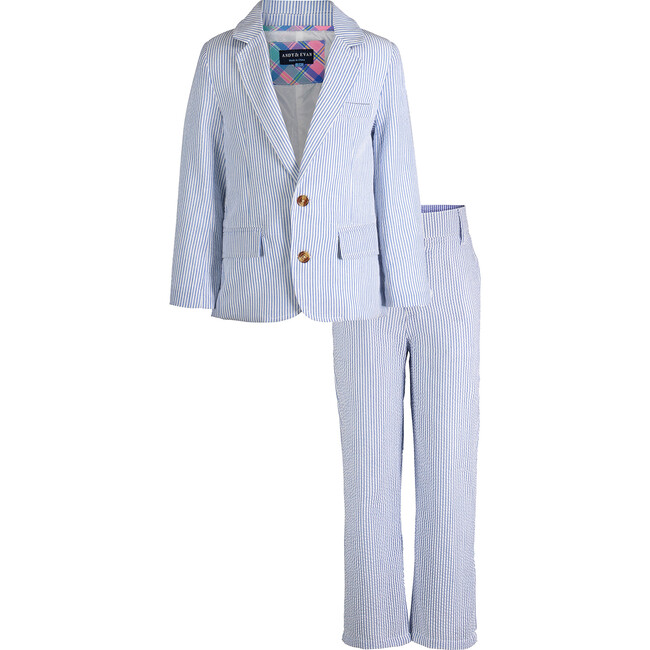 Two-Piece Suit Set, Blue Seersucker - Suits & Separates - 1