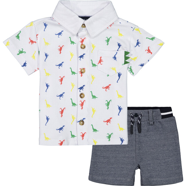 Baby Printed Button Down Set, White Dino