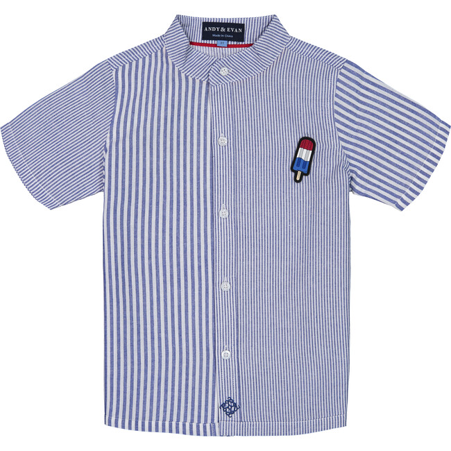 Knit Button Down with Popsicle Patch, Blue Stripe - Shirts - 1
