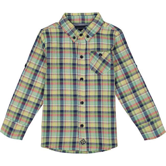 Knit Button Down Shirt, Yellow & Green Plaid - Shirts - 1