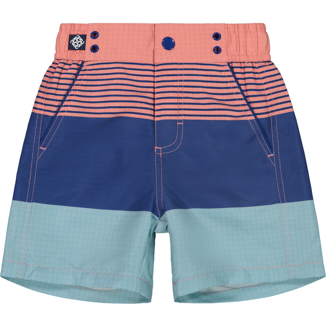 Colorblocked Swim Trunk, Coral Stripe - Swim Trunks - 1