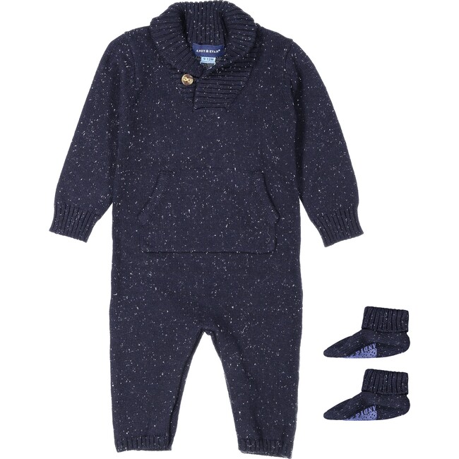 Shawl Collar Onesie & Booties, Navy - Onesies - 1