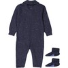 Shawl Collar Onesie & Booties, Navy - Onesies - 3