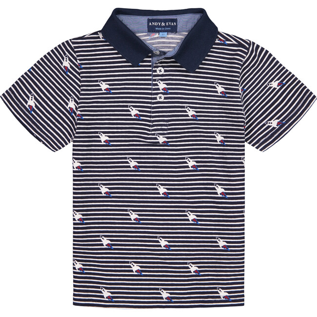 Spaceship Printed Short Sleeve Polo, Navy - Polo Shirts - 1