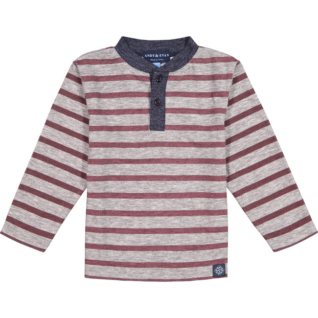 Striped Long Sleeve Henley, Dark Red & Grey - Tees - 1