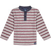 Striped Long Sleeve Henley, Dark Red & Grey - Tees - 1 - thumbnail