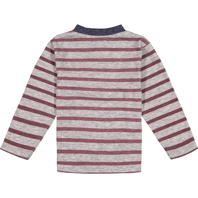 Striped Long Sleeve Henley, Dark Red & Grey - Tees - 2