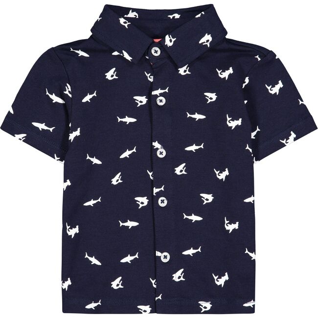 Shark Button Down Shirt, Navy - Polo Shirts - 1