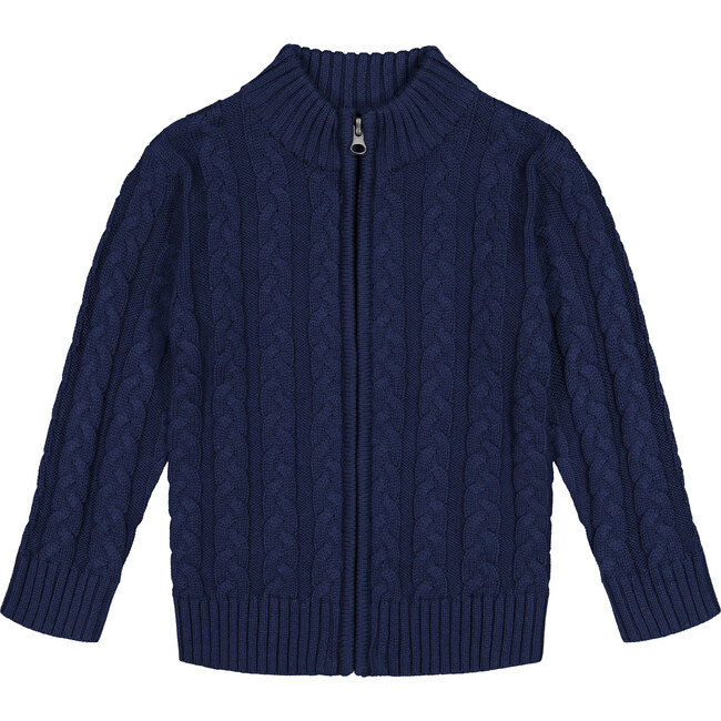 Zip Up Cable Sweater, Navy - Sweaters - 1