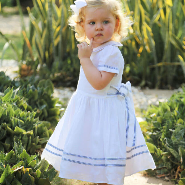 Odette Girls Dress, White with Navy Stripes - Dresses - 2