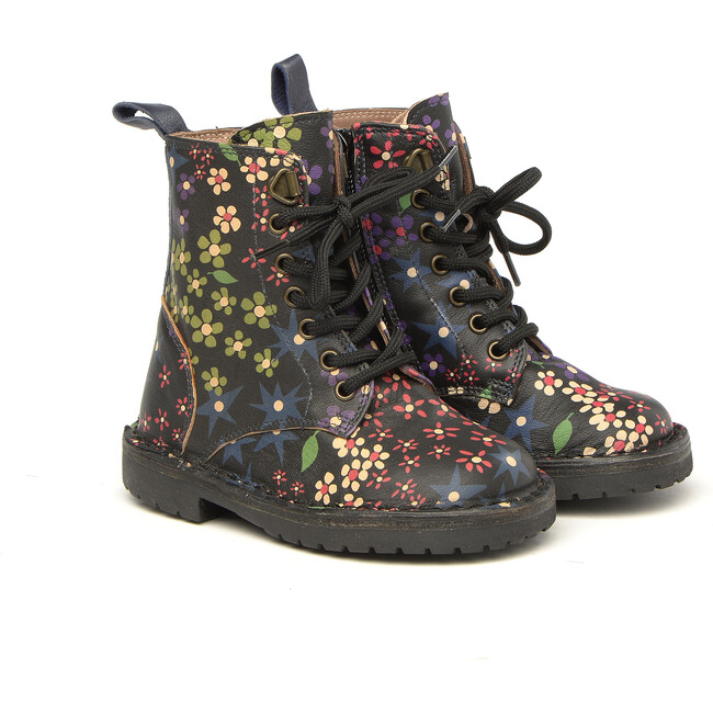 Flower Printed Leather Ankle Boots, Black