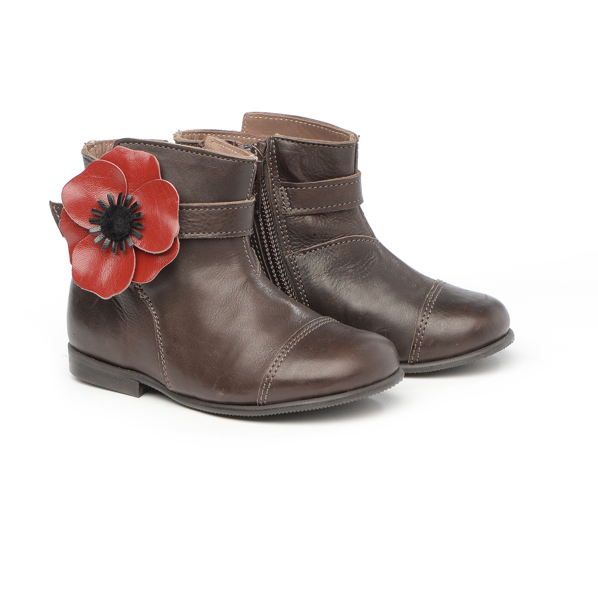 Ankle Boots With Flower Detail, Brown - Booties - 1