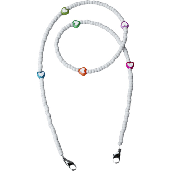 Beaded Face Mask Chain, White with Accent Hearts