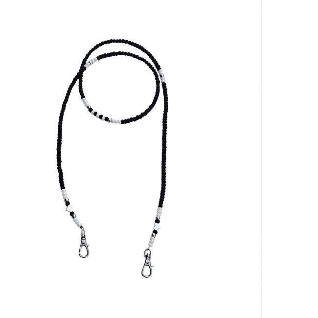 Beaded Face Mask Chain, Black, White, & Silver with Silver Hearts