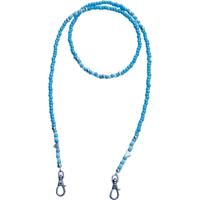 Beaded Face Mask Chain, Turquoise, White, & Silver with Silver Hearts
