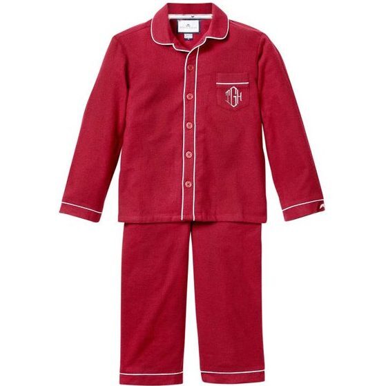 Monogrammed Flannel Pajamas with Double Piping, Burgundy - Pajamas - 1