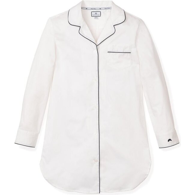 Women's White Twill Nightshirt, White & Navy Piping - Pajamas - 1