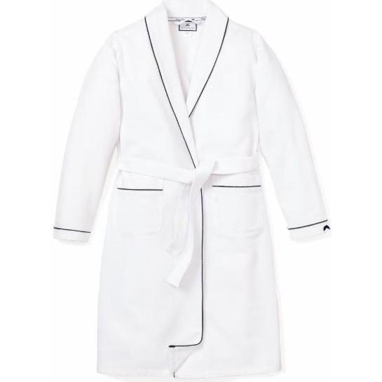 Women's Flannel Robe, White & Navy Piping