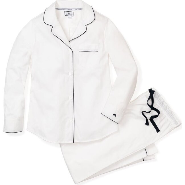 Women's Classic White Twill Pajama Set, White & Navy Piping