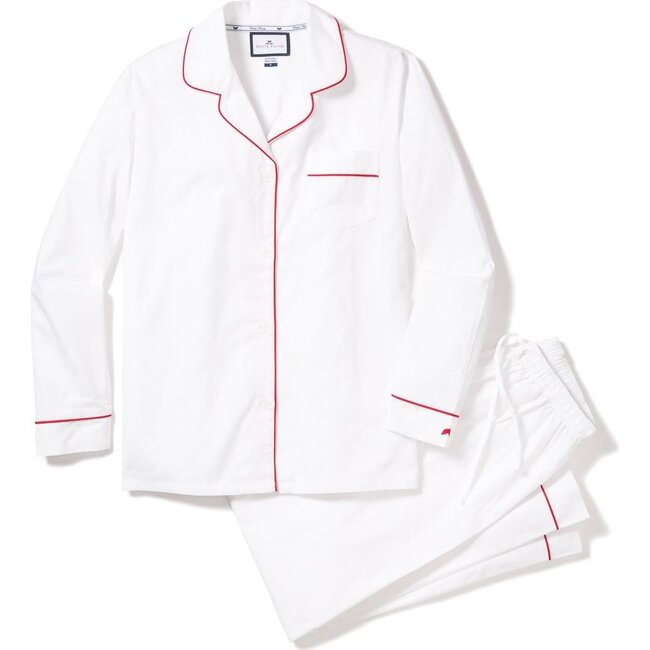 Women's Classic Twill Pajama Set, White & Red Piping - Petite Plume ...