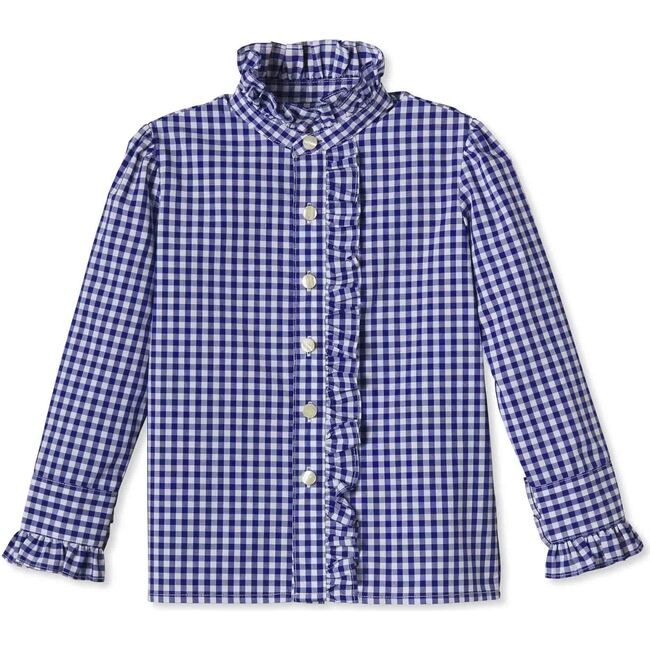 Ginny Ruffle Button Front Shirt, Bright Navy Gingham - Shirts - 1