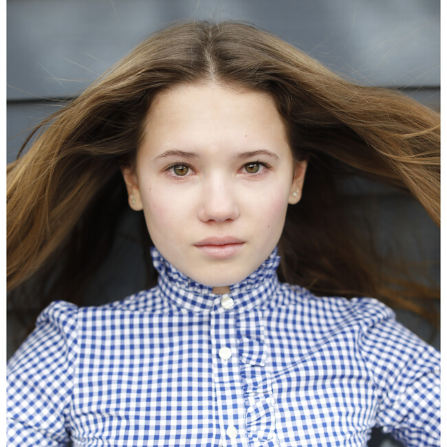 Ginny Ruffle Button Front Shirt, Bright Navy Gingham - Shirts - 2