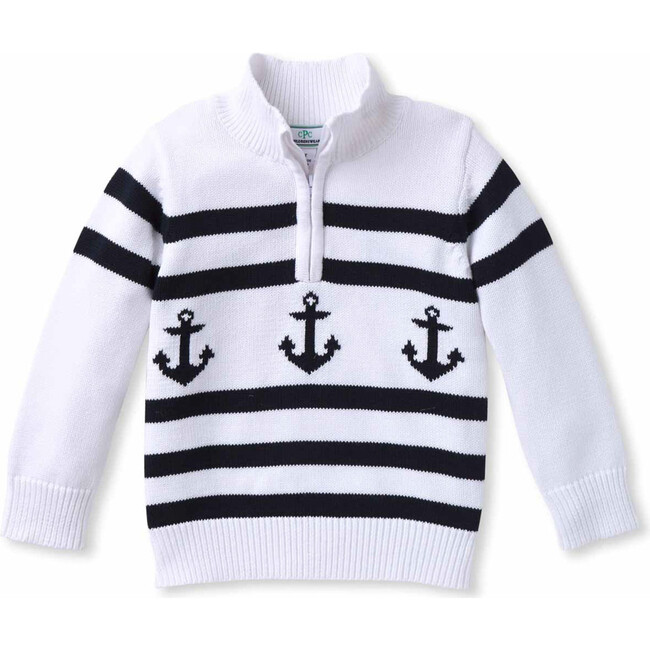 Nautical Intarsia Sweater, Bright White with Navy