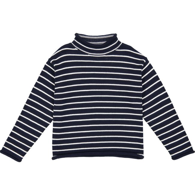 Fraser Striped Roll Neck Sweater, Navy/White - Sweaters - 1
