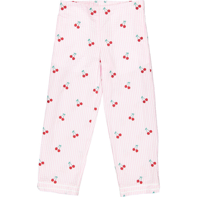 Evie Cherries Embroidered Seersucker Pants, Pink - Pants - 1
