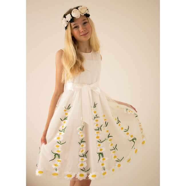 Daisy Embroidered Tulle Dress, White