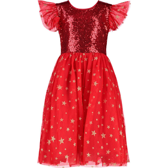 *Exclusive* Girls Shimmer Sequin & Star Tulle Party Dress, Red - Dresses - 1