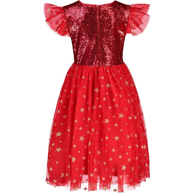 *Exclusive* Girls Shimmer Sequin & Star Tulle Party Dress, Red - Dresses - 3