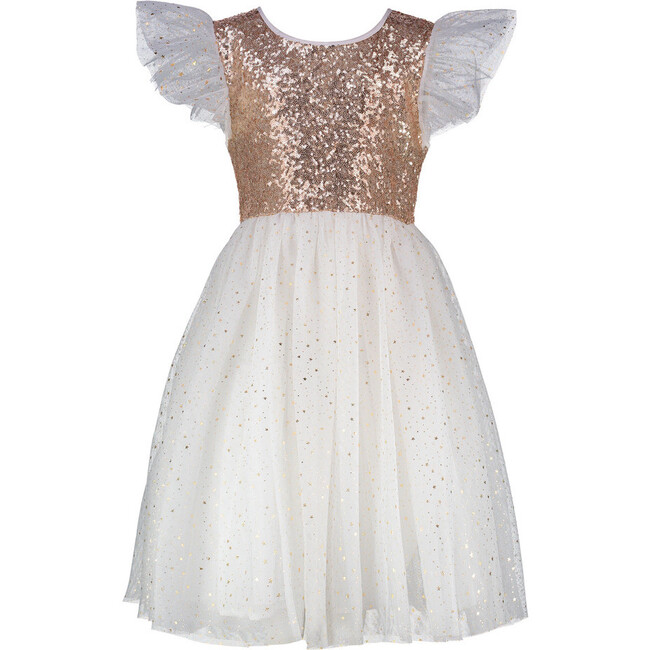 *Exclusive* Girls Shimmer Sequin & Star Tulle Party Dress, Gold & Ivory