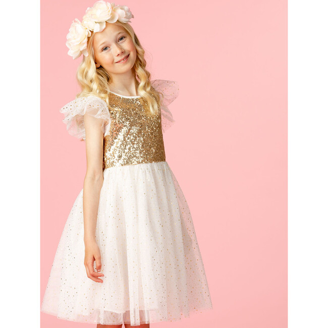 *Exclusive* Girls Shimmer Sequin & Star Tulle Party Dress, Gold & Ivory - Dresses - 2