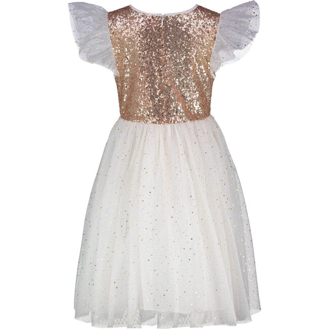 *Exclusive* Girls Shimmer Sequin & Star Tulle Party Dress, Gold & Ivory - Dresses - 3