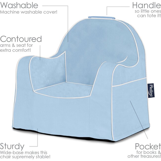 Monogrammable Little Reader Chair, Light Blue with White Piping - Kids Seating - 6