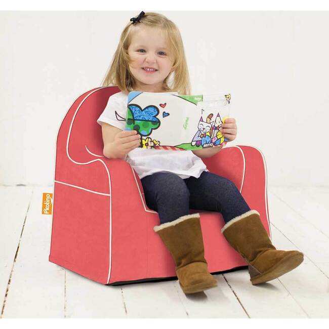 Monogrammable Little Reader Chair, Coral with White Piping - Kids Seating - 4
