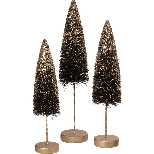 Black Bottle Brush Trees With Gold Glitter, Set of 3 - Bethany Lowe ...