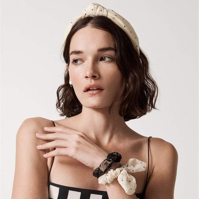 Women Dotted Silk Knotted Headband, Cream - Hair Accessories - 2