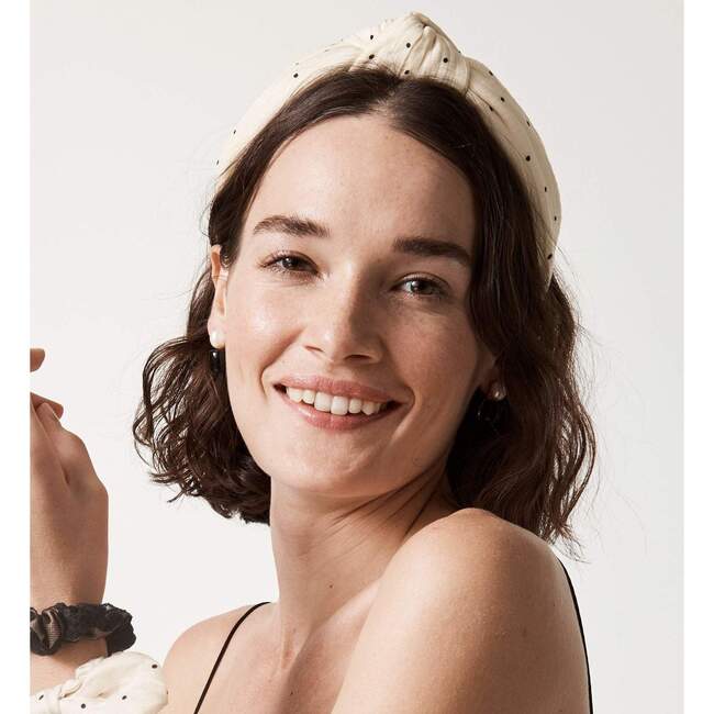 Women Dotted Silk Knotted Headband, Cream - Hair Accessories - 3