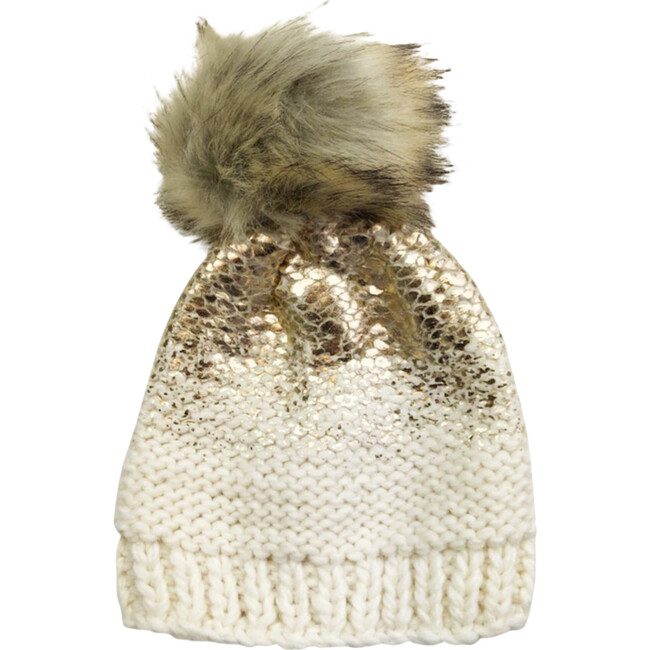 Beanie With Pom, Pearl, Cream, and Gold
