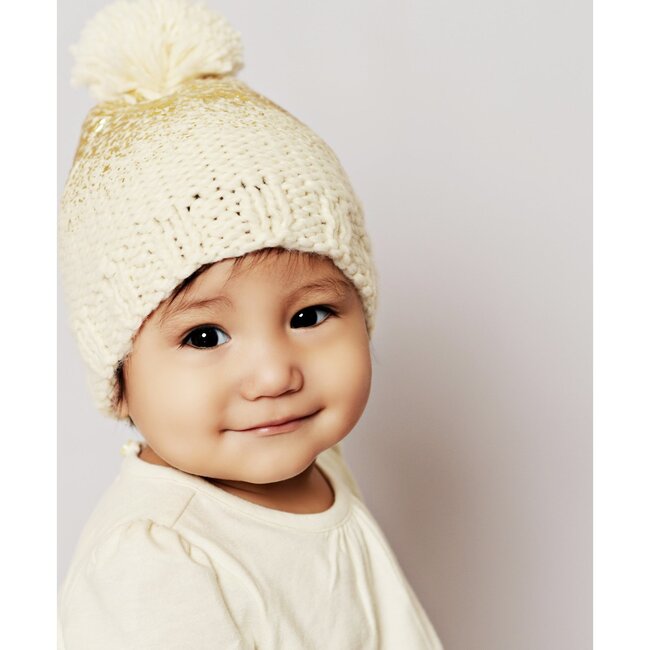 Beanie With Pom, Pearl, Cream, and Gold - Hats - 3