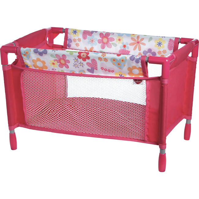 Baby Doll Playpen Bed & Carry Case - Pink Flower Power - Doll Accessories - 1