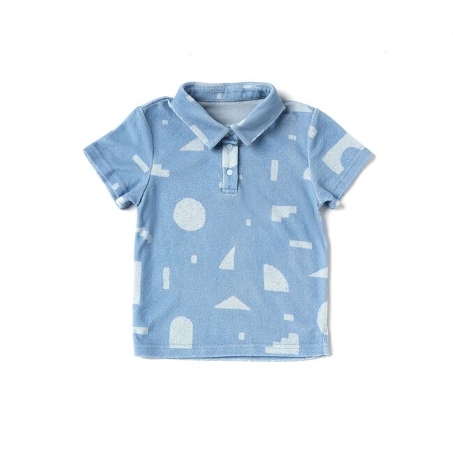 Terry Polo Shirt with Geo Print, Blue